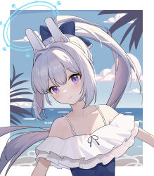 Rule 34 | 1girl, absurdres, animal ears, bare shoulders, blue archive, blue bow, blue halo, blue one-piece swimsuit, blue sky, blush, border, bow, closed mouth, cloud, day, facing viewer, fake animal ears, frilled one-piece swimsuit, frills, grey hair, hair bow, halo, highres, kulomi, long hair, looking ahead, miyako (blue archive), miyako (swimsuit) (blue archive), off-shoulder one-piece swimsuit, off shoulder, official alternate costume, one-piece swimsuit, outdoors, ponytail, purple eyes, sidelocks, sky, smile, solo, swimsuit, two-tone one-piece swimsuit, upper body, white border