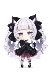 Rule 34 | &gt;:), 1girl, animal ear fluff, animal ears, bare shoulders, black dress, black footwear, black sleeves, blunt bangs, blush, bow, brooch, cat ears, cat girl, cat tail, center frills, chain print, chibi, choker, closed mouth, cocozasa, commentary request, criss-cross halter, detached sleeves, dress, dress bow, earrings, flat chest, frilled choker, frilled dress, frilled ribbon, frills, full body, gothic lolita, grey pantyhose, hair ribbon, halter dress, halterneck, hololive, jewelry, juliet sleeves, layered dress, lolita fashion, long hair, long sleeves, looking at viewer, mary janes, murasaki shion, murasaki shion (gothic lolita), pantyhose, pinstripe dress, pinstripe pattern, print pantyhose, puffy sleeves, ribbon, shoes, short dress, short eyebrows, sidelocks, silver hair, simple background, sleeveless, sleeveless dress, smile, smug, solo, star (symbol), striped, tail, tail bow, tail ornament, triangle earrings, twintails, v-shaped eyebrows, virtual youtuber, white background, wide sleeves, yellow eyes