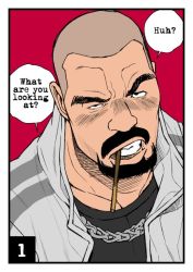 Rule 34 | 1boy, bara, beard, black eyes, black hair, buzz cut, casual, facial hair, food, food in mouth, frown, ichikawa kazuhide, looking at viewer, male focus, mouth hold, old, old man, original, pocky, pocky day, portrait, short hair, solo, upper body, very short hair