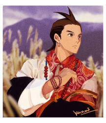 Rule 34 | 1boy, ace attorney, antenna hair, apollo justice, artist name, bead bracelet, bead necklace, beads, border, bracelet, brown eyes, brown hair, closed mouth, collared shirt, earrings, forked eyebrows, frown, highres, jewelry, kanmi (kanmiland), long sleeves, male focus, necklace, outdoors, print shirt, red shirt, shirt, short hair, sleeve cuffs, solo, traditional clothes, two-tone shirt, upper body, white border, white shirt