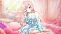 Rule 34 | 1girl, ahoge, barefoot, bed, bedroom, blue camisole, blue eyes, blue pajamas, breasts, camisole, canopy bed, chest of drawers, cleavage, collarbone, couch, curtains, day, dot nose, film grain, floral print, frilled pajamas, game cg, hair down, hair ornament, hairclip, head tilt, heart, heart-shaped pillow, himura nagisa, indoors, izumi tsubasu, lingerie, long hair, medium breasts, non-web source, official art, on bed, one eye closed, pajamas, parted lips, picture frame, pillow, pink hair, re:stage!, rubbing eyes, sideboob, single off shoulder, sitting, solo, sparkle, sunlight, tearing up, underwear, waking up, wallpaper (object), wariza, window