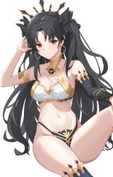 Rule 34 | 1girl, absurdres, arm up, bare shoulders, black hair, black thighhighs, breasts, chinese commentary, cleavage, closed mouth, collarbone, commentary request, curvy, earrings, fate/grand order, fate (series), highres, hoop earrings, ishtar (fate), jewelry, knee up, long hair, looking at viewer, medium breasts, navel, nixo (gugunico), parted bangs, red eyes, revealing clothes, simple background, single thighhigh, smile, solo, thighhighs, thong, twintails, two side up, very long hair, white background, wide hips