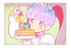 Rule 34 | 1girl, blue bow, blunt bangs, border, bow, brown hair, center frills, character doll, character name, commentary request, food, frills, green background, green hair, hair bow, happy birthday, holding, holding plate, honey, idol clothes, long hair, long sleeves, manaka non, oshiri (o4ritarou), pancake, pancake stack, plate, polka dot, polka dot background, pouring, pretty series, pripara, purple eyes, purple hair, side ponytail, smile, solo, taiyo pepper, tsukikawa chili, two side up, upper body, usacha, very long hair, white border