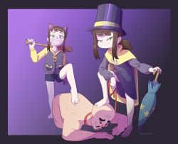 Rule 34 | 1boy, 2girls, :3, a hat in time, animal ears, barefoot, baseball bat, bike shorts, blue eyes, brown hair, cape, clone, clothed female nude male, dual persona, facial hair, fake animal ears, feet, feet on head, femdom, foot on back, hat, hat kid, hetero, hood, hoodie, leash, looking at viewer, mask, mouth mask, multiple girls, mustache, nude, over shoulder, raised eyebrow, smug, stepped on, top hat, umbrella, weapon, weapon over shoulder, xu53r, zipper pull tab