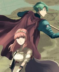 Rule 34 | 1boy, 1girl, alm (fire emblem), armor, breastplate, cape, celica (fire emblem), fingerless gloves, fire emblem, fire emblem echoes: shadows of valentia, fire emblem gaiden, gloves, highres, holding, holding sword, holding weapon, jabeko, looking at viewer, nintendo, pauldrons, shoulder armor, sword, weapon