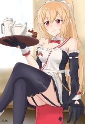 Rule 34 | 1girl, black thighhighs, blonde hair, bow, bowtie, cake, cake slice, crossed legs, detached sleeves, food, gamryous, garter straps, girls&#039; frontline, gloves, highres, holding, holding tray, long hair, maid, maid headdress, ponytail, red eyes, sitting, solo, sv-98 (girls&#039; frontline), sv-98 (waitress) (girls&#039; frontline), tea set, thighhighs, tray