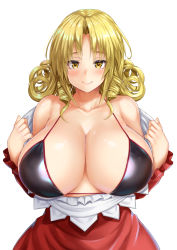 Rule 34 | 1girl, bare shoulders, bikini, blonde hair, blush, breasts, cleavage, closed mouth, collarbone, commentary request, curly hair, drill hair, ebi 193, elly (touhou), frills, huge breasts, long hair, long sleeves, looking at viewer, open clothes, open shirt, shiny clothes, shirt, simple background, skirt, smile, solo, string bikini, swimsuit, touhou, touhou (pc-98), twin drills, undressing, upper body, white background, yellow eyes