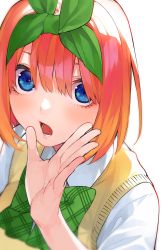 Rule 34 | 1girl, beige sweater, blue eyes, bow, bowtie, breasts, collared shirt, eyebrows hidden by hair, go-toubun no hanayome, green bow, green hairband, hair between eyes, hairband, hand up, haruba negi, highres, large breasts, looking at viewer, lower teeth only, nakano yotsuba, official art, open mouth, orange hair, plaid, plaid bow, shirt, short hair, short sleeves, sidelocks, simple background, solo, sweater vest, teeth, tongue, upper body, white background, white shirt