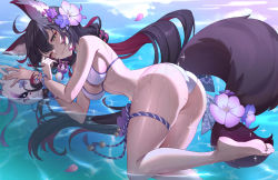 Rule 34 | ahoge, animal ear fluff, animal ears, ass, barefoot, bikini, black hair, blue archive, blush, bracelet, breasts, bubble1995, closed mouth, colored inner hair, flower, foot out of frame, fox ears, fox mask, fox tail, hair flower, hair ornament, hand on own face, highres, jewelry, long hair, looking at viewer, low twintails, lying, mask, unworn mask, medium breasts, multicolored hair, on side, one eye closed, petals, petals on liquid, pink flower, purple flower, red hair, swimsuit, tail, thigh strap, thighs, twintails, two-tone hair, very long hair, wakamo (blue archive), wakamo (swimsuit) (blue archive), water, wet, wet hair, white bikini