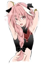 Rule 34 | 1boy, androgynous, armpits, arms behind head, arms up, astolfo (fate), bad id, bad twitter id, black bow, bow, braid, fang, fate/apocrypha, fate/grand order, fate (series), hair ribbon, looking at viewer, male focus, moekichi, multicolored hair, navel, open mouth, pink hair, purple eyes, ribbon, single braid, sleeveless, smile, solo, streaked hair, trap