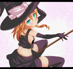 Rule 34 | 1girl, blonde hair, blue eyes, blush, breasts, broom, elbow gloves, female focus, furagu, gloves, hat, highres, kirisame marisa, midriff, purple thighhighs, riding, sideboob, skirt, small breasts, solo, thighhighs, touhou, witch, witch hat, zettai ryouiki