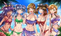 Rule 34 | 5girls, :d, :p, ;d, beach, bikini, blonde hair, blue eyes, blue hair, blue sky, bow, bow bikini, braid, breasts, brown hair, cleavage, commentary request, cowboy shot, creatures (company), dark-skinned female, dark skin, dawn (pokemon), day, duplicate, frilled bikini, frills, game freak, green eyes, hair bow, hair ornament, highres, holding hands, iris (pokemon), large breasts, looking at viewer, may (pokemon), medium breasts, misty (pokemon), multiple girls, navel, nintendo, ocean, one eye closed, open mouth, orange hair, outdoors, pokemon, pokemon (anime), pokemon (classic anime), pokemon bw (anime), pokemon dppt (anime), pokemon rse (anime), pokemon xy (anime), ponytail, revision, serena (pokemon), sky, small breasts, smile, star (symbol), star hair ornament, swimsuit, take your pick, takecha, tongue, tongue out, twintails, underboob, yellow eyes