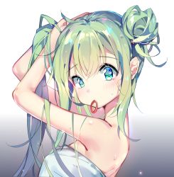 Rule 34 | 1girl, adjusting hair, ahoge, arms up, cy6n, from side, gradient background, green eyes, green hair, hair bun, hatsune miku, highres, mouth hold, naked towel, sidelocks, single hair bun, solo, towel, upper body, vocaloid, wet