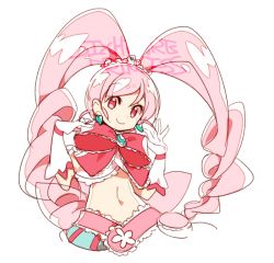 Rule 34 | 10s, 1girl, anpolly, copyright name, earrings, gloves, hani haruka, jewelry, magical girl, midriff, navel, pink eyes, pink hair, pink princess, simple background, six heart princess, smile, solo, tiara, twintails, white background, white gloves