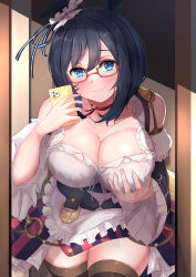 Rule 34 | 1girl, absurdres, animal ears, bespectacled, black hair, blouse, blue eyes, bob cut, breasts, butter curry, cellphone, cleavage, detached sleeves, dirndl, ear scrunchie, eishin flash (umamusume), german clothes, glasses, hand on own chest, highres, holding, holding phone, horse ears, horse girl, large breasts, looking at viewer, phone, red-framed eyewear, scrunchie, shirt, short hair, smartphone, smile, solo, thighhighs, umamusume, white scrunchie, white shirt