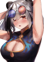 Rule 34 | 1girl, absurdres, animal ears, arknights, armpits, arms behind head, arms up, bare shoulders, black dress, black hair, blush, breasts, brown eyes, cleavage, cleavage cutout, clothing cutout, commentary request, dress, fang, feater (arknights), highres, large breasts, multicolored hair, open mouth, panda ears, partial commentary, rito (ritoxiaying), short hair, silver hair, simple background, sleeveless, sleeveless dress, solo, streaked hair, sunglasses, sunglasses on head, upper body, white background