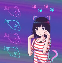Rule 34 | 1girl, animal ears, black hair, blue background, blunt bangs, blunt ends, blush, bob cut, breasts, brown eyes, cat ears, cat tail, closed mouth, collarbone, commentary, fake animal ears, fake tail, fish, gradient background, green background, jitome, looking at viewer, medium breasts, medium hair, nino berlin, original, paw pose, paw print, pixel art, purple background, red shirt, shirt, small breasts, solo, striped clothes, striped shirt, symbol-only commentary, tail, upper body, white shirt