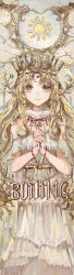Rule 34 | 1girl, absurdres, bare shoulders, blonde hair, bracelet, chinese commentary, circle, closed mouth, clothing cutout, cloud, commentary request, cowboy shot, crown, dress, earrings, english text, eyelashes, gold headwear, highres, interlocked fingers, jewelry, lace, lace-trimmed dress, lace trim, long dress, long hair, mixed-language text, necklace, original, own hands clasped, own hands together, parted bangs, pinyin text, pointy ears, rivet jiang, short sleeves, shoulder cutout, smile, solo, straight-on, sun symbol, very long hair, wavy hair, white dress, white sleeves, yellow eyes