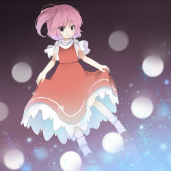 Rule 34 | 1girl, air bubble, bad id, bad pixiv id, bobby socks, bubble, clothes lift, dress, ellipsis (mitei), gradient background, highres, light particles, looking at viewer, open mouth, pink hair, purple eyes, sara (touhou), short hair, short sleeves, side ponytail, skirt, skirt lift, slippers, socks, solo, touhou, touhou (pc-98)