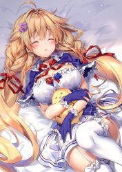 Rule 34 | 1girl, azur lane, bed sheet, blonde hair, blue gloves, blush, braid, breasts, capelet, cleavage, frilled thighhighs, frills, globes, gloves, large breasts, le temeraire (azur lane), long hair, riichu, skirt, sleeping, stuffed animal, stuffed bird, stuffed toy, thighhighs, twin braids, very long hair, white thighhighs
