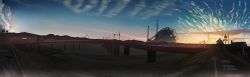 Rule 34 | banishment, blue sky, bridge, cloud, commentary request, day, grass, highres, no humans, original, outdoors, panorama, power lines, railroad crossing, railroad tracks, river, road, road sign, ruins, scenery, sign, sky, street, sunset, transmission tower