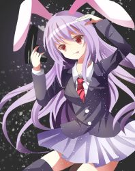 Rule 34 | 1girl, :p, absurdres, animal ears, bad id, bad pixiv id, black thighhighs, blazer, erika (ym0311), gun, highres, jacket, long hair, necktie, rabbit ears, reisen udongein inaba, solo, thighhighs, tongue, tongue out, touhou, very long hair, weapon