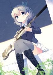 Rule 34 | 1girl, absurdres, black footwear, blazer, blue eyes, blurry, bolt action, boots, bush, camouflage, collared shirt, combat boots, commentary request, cross-laced footwear, depth of field, dutch angle, grey hair, grey thighhighs, gun, highres, holding, holding gun, holding weapon, jacket, knee boots, knees together feet apart, lace-up boots, looking at viewer, mimura zaja, original, parted lips, pleated skirt, remington model 700, rifle, school uniform, shade, shirt, sitting, skirt, sniper rifle, solo, sparkle, thighhighs, weapon, weapon request, white shirt, white skirt