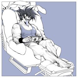 Rule 34 | 1boy, bara, covered erect nipples, dragon ball, dragon ball super, food, food in mouth, glasses, handheld game console, highres, holding, holding handheld game console, large pectorals, male focus, muscular, muscular male, nintendo switch, partially colored, pectorals, playing games, popsicle, popsicle in mouth, powersalad2022, short hair, shorts, sitting, solo, son goku, spiked hair, thick thighs, thighs, wristband