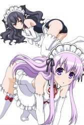 Rule 34 | 2girls, absurdres, apron, black ribbon, blue one-piece swimsuit, blush, bow, bowtie, frilled legwear, frills, hair ornament, heart, highres, kneeling, long hair, looking at viewer, maid, multiple girls, neck ribbon, nepgear, neptune (series), one-piece swimsuit, purple eyes, purple hair, red bow, red eyes, red ribbon, ribbon, socks, swimsuit, thighhighs, transparent background, uni (neptunia), white one-piece swimsuit, wrist cuffs