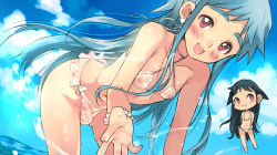 Rule 34 | 1boy, :3, androgynous, arms behind back, bare shoulders, bent over, bikini, bikini skirt, black hair, blue hair, blush, bulge, chibi, chibi inset, cloud, coin rand, crossdressing, day, dutch angle, earrings, eyebrows, jewelry, long hair, male focus, navel, nipples, ocean, open mouth, original, outdoors, pink eyes, red eyes, see-through, sky, smile, solo, swimsuit, trap, water