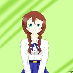 Rule 34 | 1girl, alice37125, aqua eyes, artist name, artist request, belt, black belt, blouse, blue bow, blue eyes, blue ribbon, blue skirt, blush, bow, bowtie, braid, breasts, brown hair, buttons, collared shirt, emma verde, female focus, freckles, green background, hair between eyes, hair over shoulder, hair tie, highres, layered skirt, long hair, long sleeves, looking at viewer, love live!, love live! nijigasaki high school idol club, love live! school idol festival, medium breasts, miniskirt, parted lips, plaid, plaid skirt, pleated, pleated skirt, red hair, ribbon, shirt, skirt, smile, solo, twin braids, twintails, white shirt, wing collar