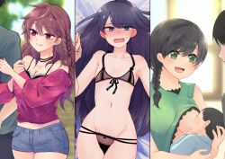 Rule 34 | 2boys, 3girls, aged up, asymmetrical hair, bare shoulders, black hair, black panties, blue eyes, blush, braid, breastfeeding, breasts, brown hair, cleavage, commentary request, dating, denim, denim shorts, embarrassed, eyelashes, green eyes, green shirt, highres, lingerie, medium breasts, mother and child, multiple boys, multiple girls, navel, nipples, open mouth, original, panties, red eyes, shirt, shorts, small breasts, totoyasu tsp, underwear