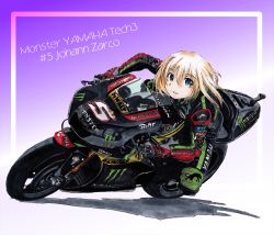 Rule 34 | 1girl, aqua eyes, biker clothes, bikesuit, blonde hair, blue background, bodysuit, breasts, camera, commentary request, gradient background, highres, leaning forward, logo, looking at viewer, marker (medium), michelin, michelin man, monster energy, moto gp, motul (company), nib pen (medium), nishimiya makoto, open mouth, original, product placement, purple background, riding, shadow, short hair, small breasts, solo, traditional media, vehicle focus, white background, yamaha, yamaha yzr-m1