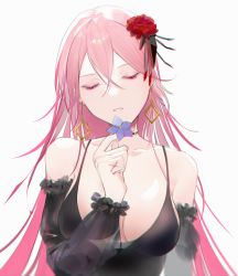 Rule 34 | 1girl, absurdres, bad id, bad pixiv id, bare shoulders, black dress, breasts, chilli 646, cleavage, closed eyes, collarbone, dress, earrings, flower, girls&#039; frontline, hair flower, hair ornament, hair ribbon, highres, holding, holding flower, holding petal, jewelry, long hair, m82a1 (girls&#039; frontline), m82a1 (out of darkness) (girls&#039; frontline), medium breasts, nail polish, open mouth, petals, pink hair, pink nails, ribbon, solo, white background