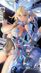 Rule 34 | 1girl, ahoge, artist name, barcode, barcode tattoo, blonde hair, blue eyes, blush, breasts, commentary request, covered navel, earth (planet), elbow gloves, feet out of frame, gloves, groin, headgear, highres, large breasts, mecha musume, original, planet, pubic tattoo, satellite, short hair, sidelocks, smile, solo, sophia f shirring, space, takamine nadare, tattoo, thighs, v, white gloves