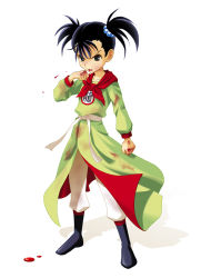 Rule 34 | 1girl, bad id, bad pixiv id, black eyes, black hair, blood, blood in mouth, blood on clothes, blood on hands, chinese clothes, dragon quest, dragon quest iii, fighter (dq3), full body, long sleeves, sash, scarf, simple background, solo, spitting, spitting blood, square enix, twintails, white background, yaya (tempering)