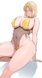 Rule 34 | 1girl, bare arms, bare legs, bare shoulders, blonde girl (okpriko), blonde hair, blue eyes, breasts, cleavage, curvy, hairband, highres, large breasts, looking at viewer, okpriko, original, parted bangs, plump, see-through one-piece swimsuit, short hair, simple background, solo, swimsuit, thick thighs, thighs, white background, white hairband