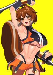 Rule 34 | akisu k, animal ears, arc system works, arm up, armpits, blazblue, breasts, brown eyes, brown hair, clenched hands, commentary request, fingernails, gloves, gradient hair, highleg, highleg panties, large breasts, looking at viewer, makoto nanaya, midriff, miniskirt, multicolored hair, navel, open mouth, panties, short hair, simple background, skirt, sleeveless, smile, solo, squirrel ears, squirrel girl, squirrel tail, tail, teeth, underboob, underwear, upper teeth only, weapon, yellow background