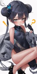 Rule 34 | !, 1girl, ?, absurdres, black dress, black gloves, black hair, blue archive, breasts, butterfly hair ornament, china dress, chinese clothes, coat, double bun, dragon print, dress, gloves, grey coat, grey eyes, hair bun, hair ornament, half gloves, halo, highres, kisaki (blue archive), long hair, looking at viewer, nang z1, pelvic curtain, pinstripe pattern, print dress, sleeveless, sleeveless dress, small breasts, solo, striped, striped coat, twintails, vertical-striped coat