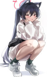 Rule 34 | 1girl, animal ear fluff, animal ears, aura, black hair, blue archive, blush, cat ears, convenient leg, eyelashes, fang, full body, green socks, hair between eyes, halo, hands on own cheeks, hands on own face, highres, hood, hoodie, long hair, long sleeves, looking at viewer, open mouth, pink halo, ponpon nun, red eyes, serika (blue archive), shoes, simple background, skin fang, slit pupils, sneakers, socks, solo, squatting, straight hair, twintails, very long hair, white background, white footwear, white hoodie