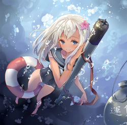 Rule 34 | 10s, 1girl, bad id, bad pixiv id, blonde hair, blue eyes, crop top, dango (dangowalolicon), flower, hair flower, hair ornament, highres, innertube, kantai collection, long hair, ro-500 (kancolle), school swimsuit, solo, swim ring, swimsuit, swimsuit under clothes, tan, tanline, torpedo
