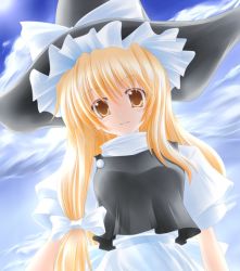 Rule 34 | 1girl, apron, black hat, black skirt, black vest, blonde hair, blue sky, bow, closed mouth, cloud, day, eyebrows, female focus, from below, hair between eyes, hair bow, hat, hat bow, kirisame marisa, long hair, looking at viewer, shirotsuki kouta, shirt, skirt, sky, smile, solo, touhou, turtleneck, upper body, vest, waist apron, white apron, white bow, white shirt, witch hat, yellow eyes