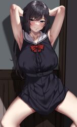 Rule 34 | 1girl, armpits, arms up, black hair, blush, bow, breasts, commentary request, cowboy shot, dress, highres, jack dempa, large breasts, legs, long hair, looking at viewer, miyamae shiho (jack dempa), mole, mole under eye, original, red bow, sailor dress, sleeveless, sleeveless dress, smile, solo, standing, sweat, teeth