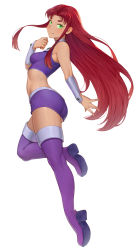 Rule 34 | 1girl, ass, boots, breasts, cheshirrr, closed mouth, colored sclera, colored skin, commentary, commission, dc comics, english commentary, floating, flying, full body, green eyes, green sclera, highres, knee up, long hair, looking at viewer, midriff, orange skin, red hair, skirt, smile, solo, starfire, teen titans, thighhighs, very long hair
