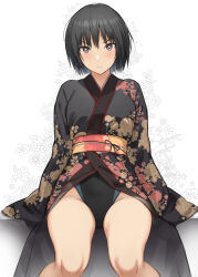 Rule 34 | 1girl, alternate costume, amagami, black hair, black one-piece swimsuit, bob cut, breasts, brown eyes, closed mouth, commentary request, competition swimsuit, covered navel, highres, japanese clothes, kimono, knees together feet apart, long sleeves, looking at viewer, medium breasts, nanasaki ai, one-piece swimsuit, serizawa (serizawaroom), short hair, simple background, smile, solo, swimsuit, swimsuit under clothes, two-tone swimsuit, yukata