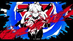 Rule 34 | 1boy, amamiya hibiya, aqua sky, arms up, blood, blood splatter, blue sky, child, cityscape, cloud, commentary, crossed bangs, day, double-parted bangs, expressionless, gomagomabura1010, gradient sky, hair between eyes, highres, hood, hood down, hoodie, i-beam, kagerou days (vocaloid), kagerou project, letterboxed, limited palette, looking at viewer, male focus, outdoors, parted lips, partially unzipped, red eyes, road sign, shirt, short hair, short sleeves, sign, sky, sleeveless, sleeveless hoodie, song name, steel beam, stop sign, surreal, t-shirt, typo, upper body, white hoodie, zipper