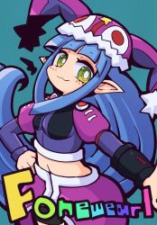 Rule 34 | 1girl, :3, aqua background, bike shorts, black shorts, blue hair, blunt bangs, breasts, bright pupils, closed mouth, crop top, eyeliner, facial mark, fonewearl, fur-trimmed headwear, fur trim, green eyes, hand on own hip, hat, highres, jester cap, light blue hair, long hair, makeup, navel, outstretched arm, overskirt, phantasy star, phantasy star online, pointy ears, pom pom (clothes), purple hat, rainbow text, red eyeliner, ringed eyes, rupika, seseringo, shorts, small breasts, smile, solo, standing, star (symbol), white pupils