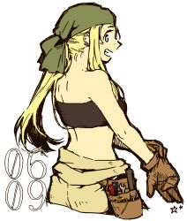 Rule 34 | 1girl, :d, adjusting clothes, adjusting gloves, bandana, bare arms, bare shoulders, black tube top, blonde hair, blue eyes, brown gloves, clenched teeth, facing away, fanny pack, floating hair, fullmetal alchemist, gloves, grin, happy, igi (tarqu0ise), looking back, open mouth, ponytail, profile, simple background, smile, solo, star (symbol), strapless, teeth, tube top, tube top, upper body, white background, winry rockbell, wrench