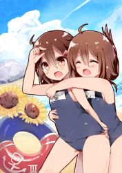 Rule 34 | 10s, 2girls, :d, beach, brown eyes, brown hair, cloud, cloudy sky, day, fang, flower, folded ponytail, hair ornament, hairclip, highres, hug, hug from behind, ikazuchi (kancolle), inazuma (kancolle), innertube, kantai collection, multiple girls, name tag, namekuji (namekuzu), ocean, one-piece swimsuit, open mouth, outdoors, school swimsuit, short hair, sky, smile, summer, sunflower, swim ring, swimsuit