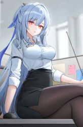 Rule 34 | 1girl, absurdres, alternate costume, arm strap, black pantyhose, black skirt, blue bow, blue hair, bow, breasts, collared shirt, commentary, crossed legs, cubicle, desk, hair between eyes, hair bow, hair intakes, hashtag-only commentary, high-waist skirt, highres, hini ni, holding, holding stick, honkai: star rail, honkai (series), id card, jingliu (honkai: star rail), large breasts, looking at viewer, mouse (computer), office, office lady, on desk, pantyhose, parted lips, red eyes, shirt, sitting, skirt, sleeves rolled up, solo, stick, sticky note, white shirt